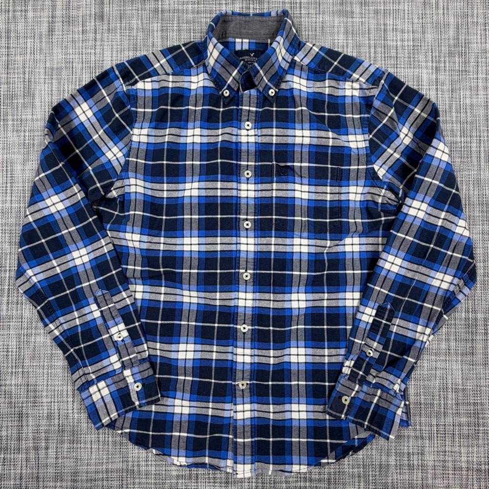 American Eagle Mens Small Blue Plaid Cotton Button Down Shirt Classic Fit